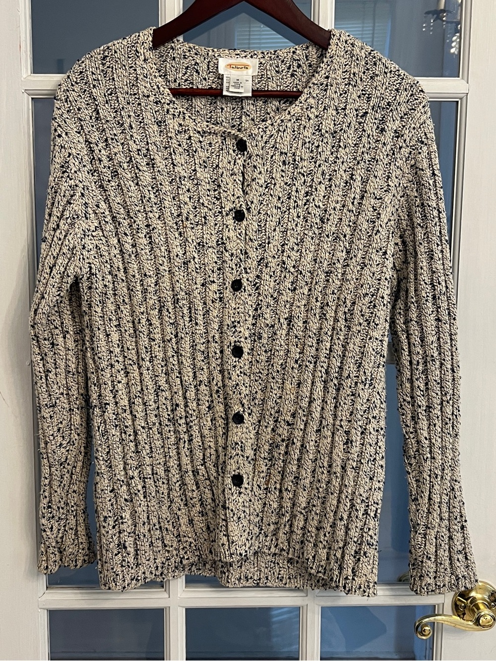 Talbots Women’s Silk Blend Marled Knit Button Front Cardigan Sweater Cream Navy